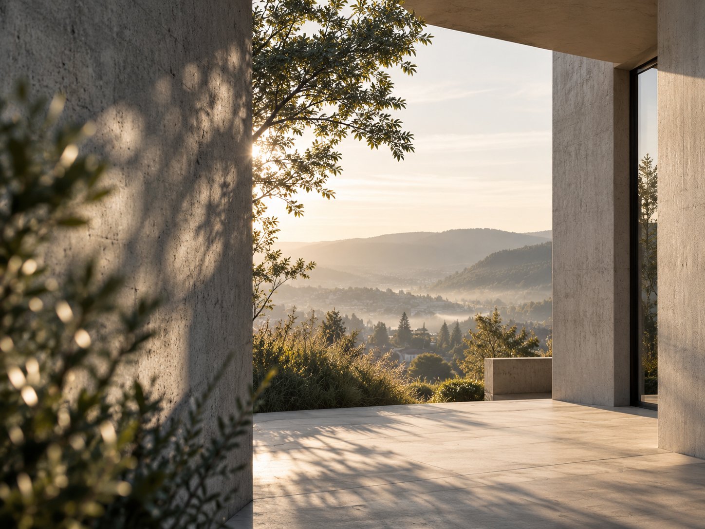 Minimalistische Architektur aus Sichtbeton mit Blick ins Tal